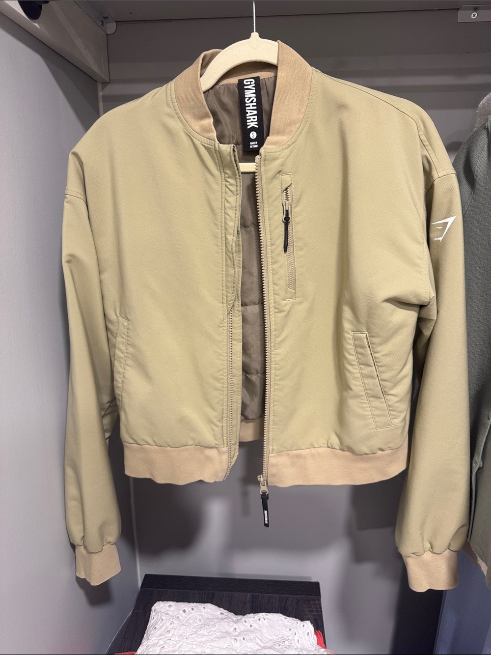 Gymshark Cropped Bomber Jacket in Khaki - Size Small